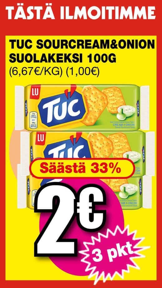 Bright sale poster advertising tuc cream & onion crackers, 3-pack for 2€, with a "save 33%" label and bold price graphics | säästötalo latvala